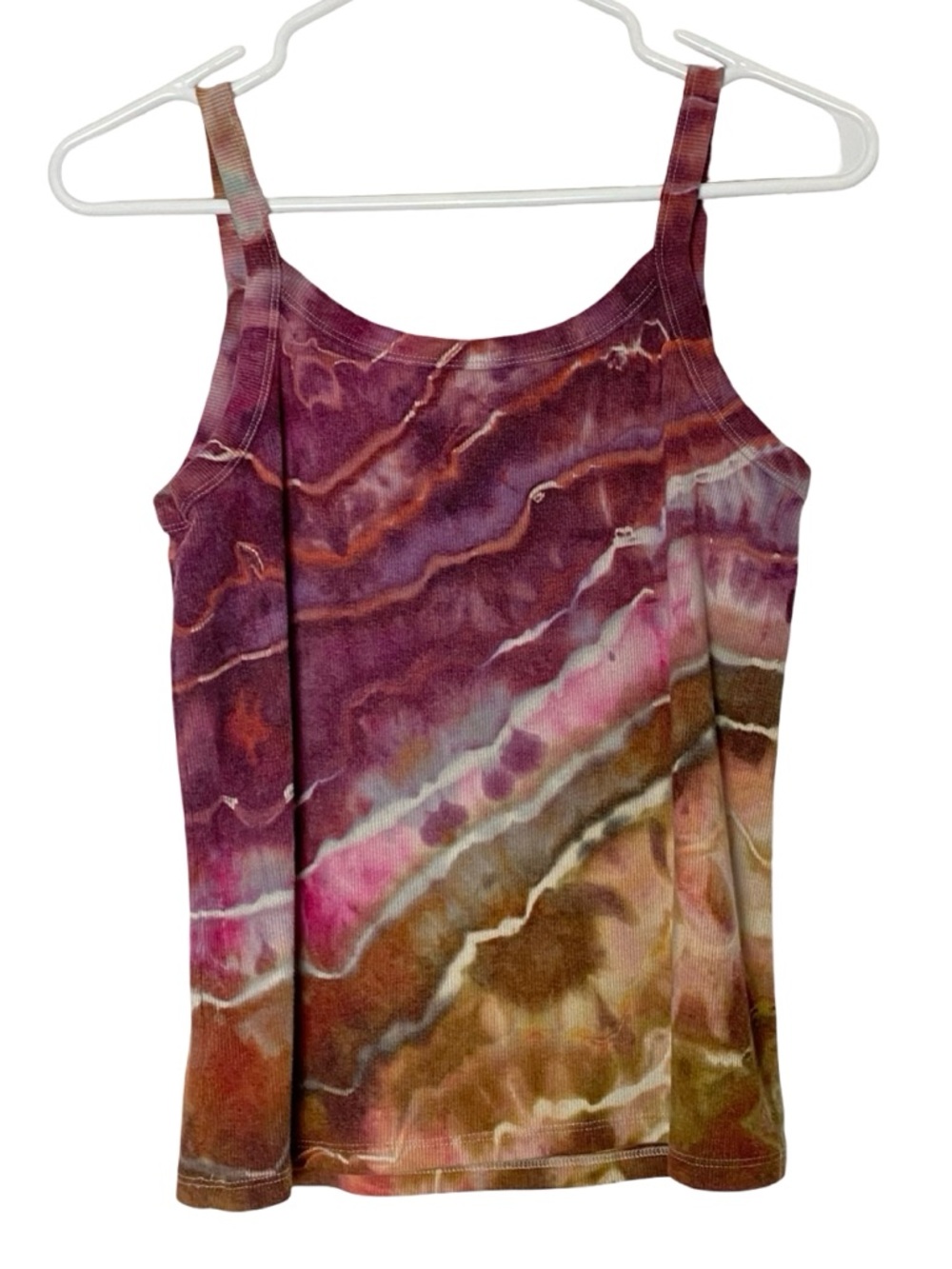 Upcycled Geode Ice Tie Dye Tank Top Shirt Womens Size Large Ribbed Handmade Tan - Picture 2 of 7